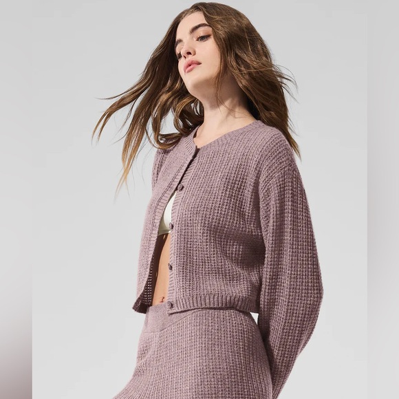 ALO Yoga Cashmere Plush Waffle Cardigan size small mushroom - Picture 2 of 7